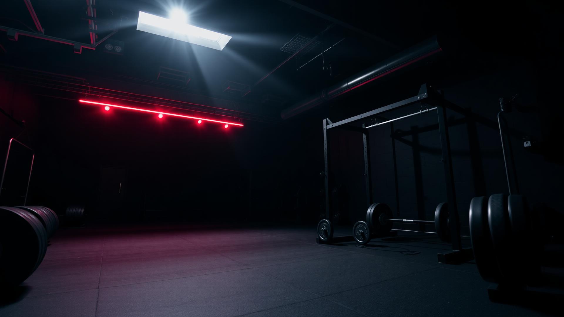 Dark gym interior with dramatic lighting